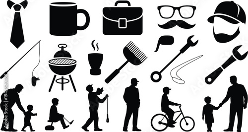 Collection of black silhouette icons depicting everyday life and objects in simple style