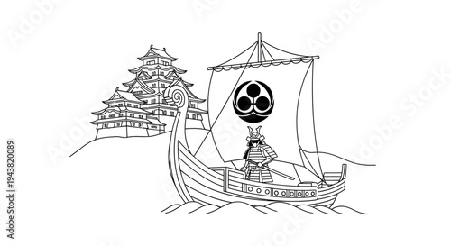 Samurai warrior on ship with Japanese castle and clan symbol