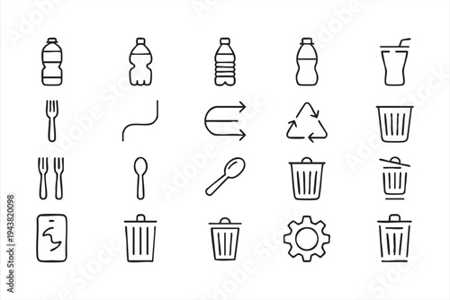 Environmental Recycling Symbol Set with Bottles and Trash Bins