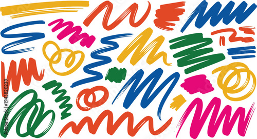 Colorful brush strokes and swirls in various shapes and sizes on white background