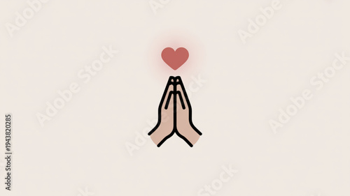 Praying hands with glowing red heart symbolizing love hope and spirituality in a simple illustration