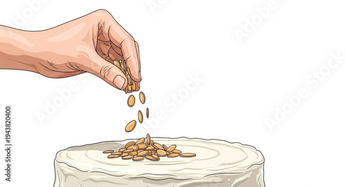 Hand pouring seeds on plate.