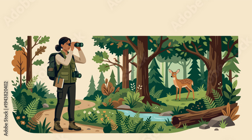 Woman observing wildlife with binoculars in forest.