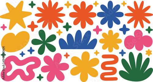 Colorful abstract shapes and flowers in various sizes and colors on white background