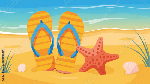 Vibrant beach scene with flip flops starfish and seashells on sandy shore by ocean waves