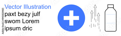 Healthcare, medical treatment, wellness, healthcare services, medicine, symbols. A blue cross and outlined bottle with upward arrows. Healthcare and medical treatment concept