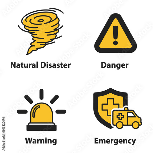Vector art of set of four yellow icons representing natural disaster, danger, warning, and emergency services