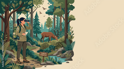 Woman observing wildlife with binoculars in a forest setting.