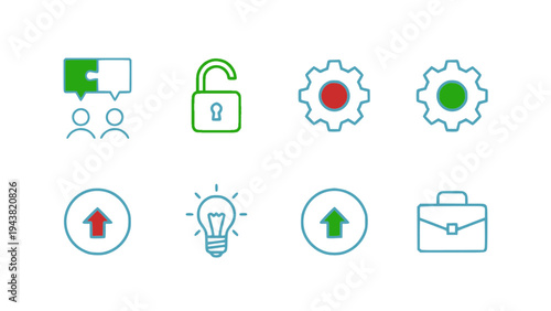 Flat icon collection featuring business management symbols such as team, security lock, settings gear, idea, and briefcase.