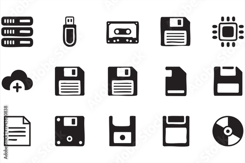Black Outline Data Storage and Hardware Icons Collection