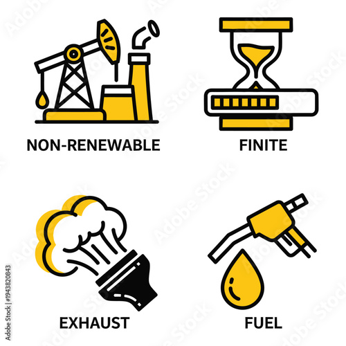 Vector art of icons illustrating nonrenewable energy, finite resources, exhaust, and fuel