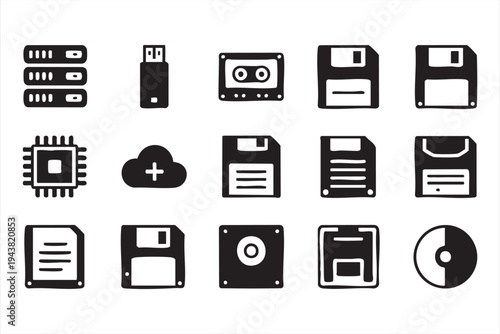 Technology Storage Devices Icon Pack with Server USB and Floppy Disk