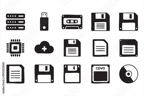 Cloud Storage and Data Hardware Line Icons for Tech Interface Design