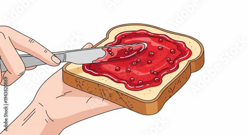 Hand spreading jam on toast.