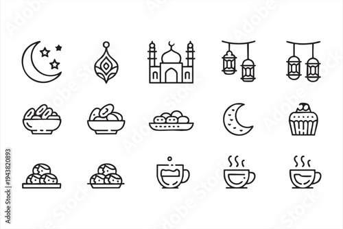 Black Outline Islamic Symbols Icons with Mosque Crescent and Lanterns