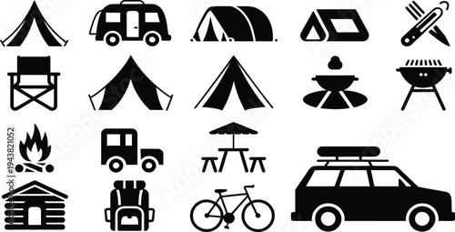 Black and white icons of camping and outdoor adventure travel recreation activities and equipment  outdoor lifestyle