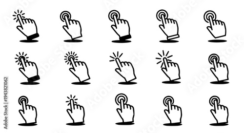 Hands icon set with various cursor click actions and gestures in black. featuring hand, pointer, mouse with icons and