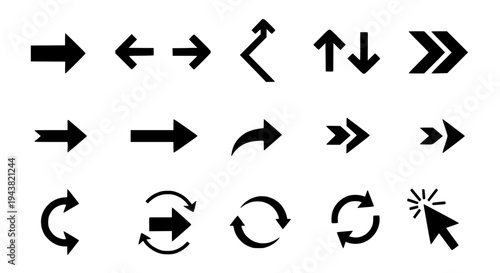 Arrows icon set with various directions and curved lines in black featuring navigation icons, pointer icons, graphic