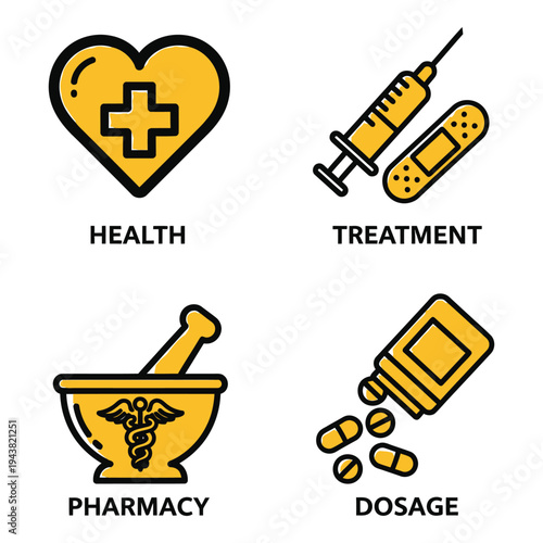 Vector art of set of four medical icons heart with cross, syringe and bandage, mortar and pestle, and pills from bottle