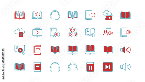 Media interface icon collection including video, audio, headphones, music player, and multimedia controls.