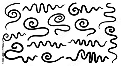 Swirls hand drawn set with black curved lines and wavy shapes on white background featuring doodle, illustration,