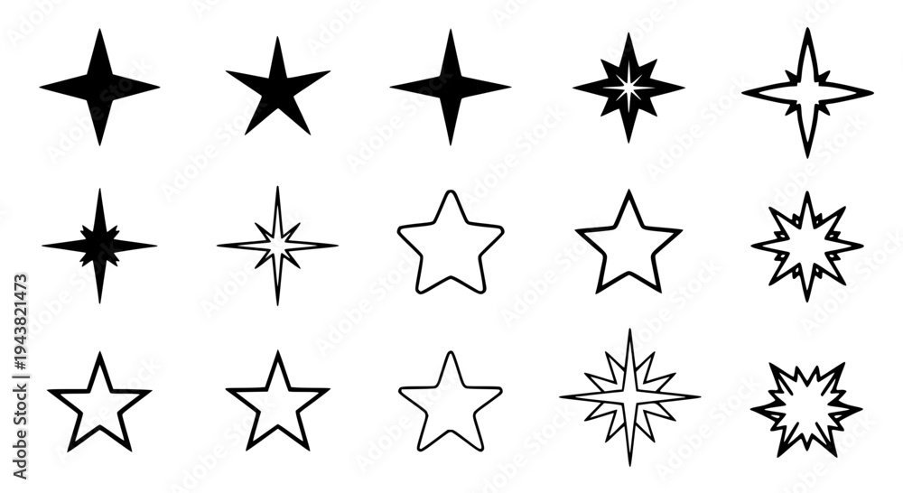 Obraz premium Stars set with various black outlined and filled starburst shapes and designs featuring burst, explosion, icon with