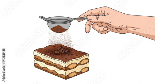 Hand sprinkling cocoa powder cake.