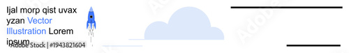 Technology, innovation, startup ideas, design concepts, business growth, progress. Blue rocket launching next to a cloud and placeholder text. Technology and innovation theme concept