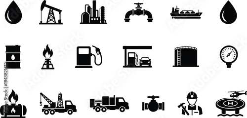 Set of black icons related to oil and gas industry on white background