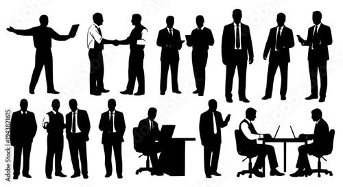 Businessmen silhouette set with various professional poses and actions in black. featuring businessman, office, work