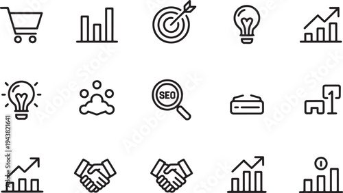 Set of business and marketing line icons, analytics, growth, strategy, partnership, seo vector illustration