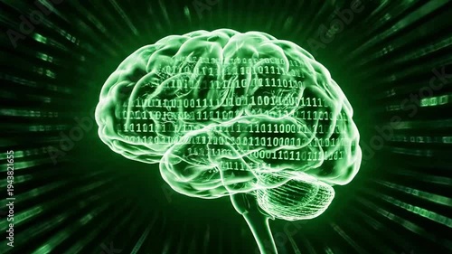 A green neon-lit illustration of a human brain surrounded by concentric circles of green binary code on a dark background