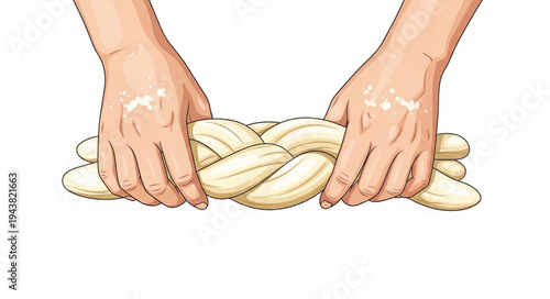 Hands Braiding Challah Bread Loaf.