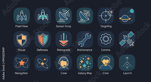 A futuristic control panel displays various icons for navigation, communication, and targeting systems in a spacecraft.