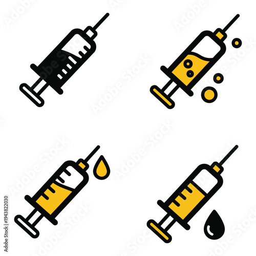 Vector art of set of four flat design icons representing syringes and medical injections, with varying liquid levels and drops