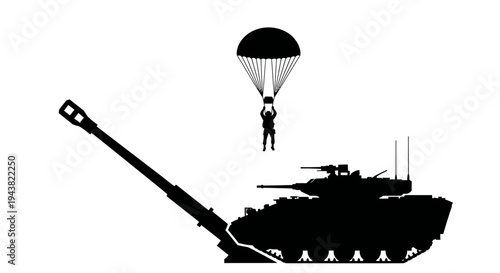 Paratrooper Descends Towards Armored Tank Silhouette