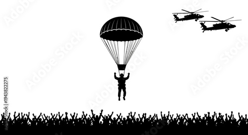 Paratrooper Jumps from Helicopter with Crowd Cheering Below, Military Operation