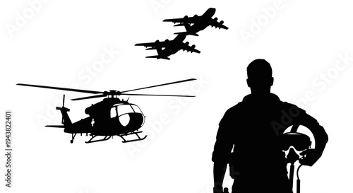 Pilot Silhouette with Helicopter and Jets Flying in Sky