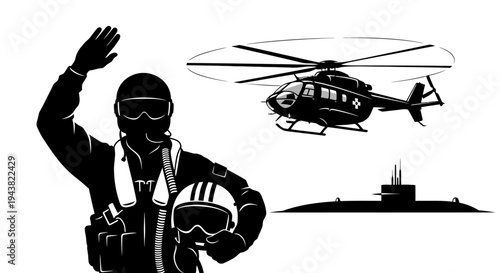 Pilot Waving Hello Near Helicopter and Submarine, Military and Aviation Concept