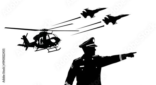 Police Officer Directs Air Traffic: Helicopter and Fighter Jets in Formation