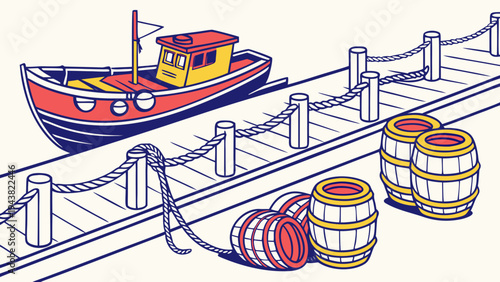 Dockside Harbor with Boats, Ropes, and Barrels Flat Vector Illustration