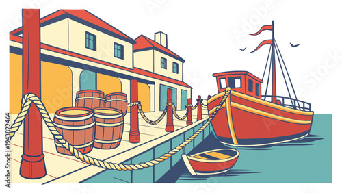 Dockside Harbor with Boats, Ropes, and Barrels Flat Vector Illustration