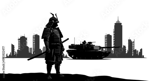 Samurai Warrior and Modern Tank Silhouette in Ruined Cityscape