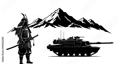 Samurai Warrior and Modern Tank Silhouette Against Mountain Landscape