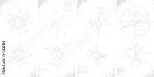 Abstract geometric starburst schematics and technical drawings on white background with geometric with schematic with drawing with star with design with technical