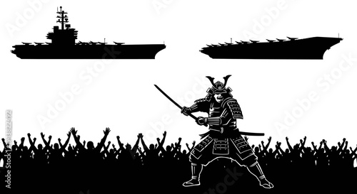 Samurai Warrior Battles Aircraft Carriers Over Cheering Crowd Silhouette