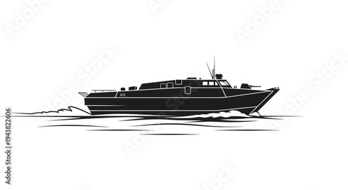 Silhouette of a fast patrol boat sailing on the water, black and white illustration.