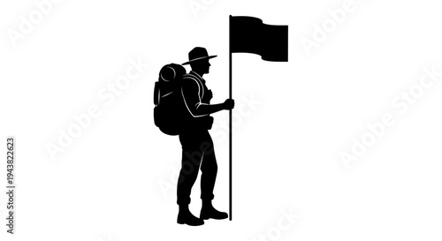 Silhouette of a hiker with a backpack holding a flag, symbolizing adventure and exploration.