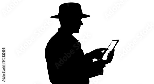 Silhouette of a man in a fedora hat using a smartphone, isolated on white background