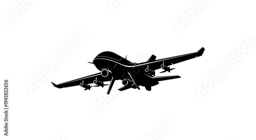 Silhouette of a military drone with missiles in flight against a white background